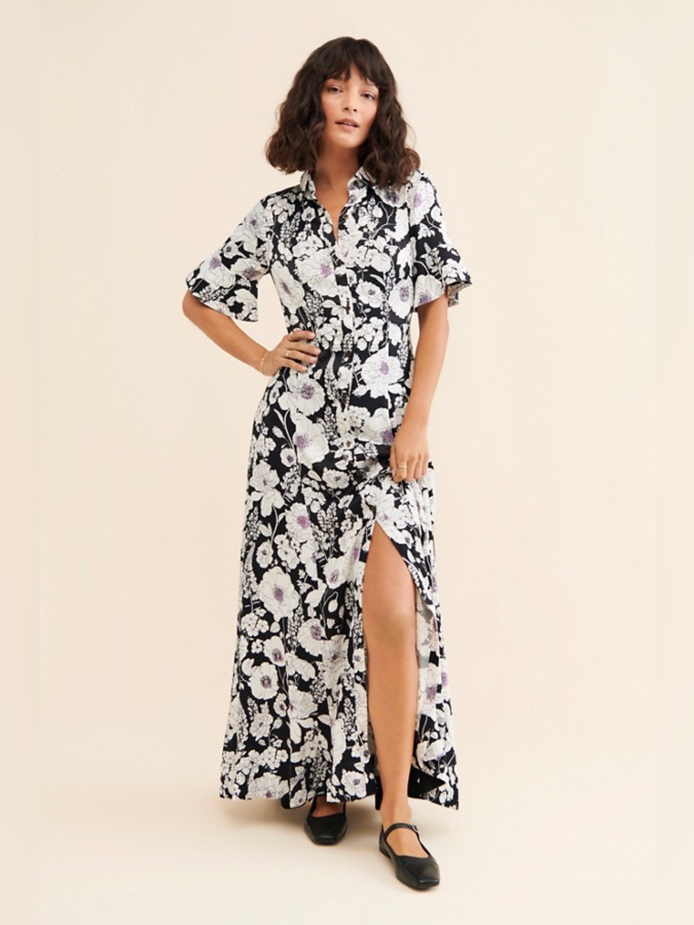 Anthropologie Maeve Printed Short Sleeve Shirt Dress Black White Purple Small